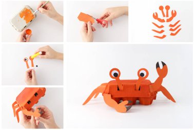 Step-by-step tutorial for making a crab craft from an egg carton and paper on a white background. DIY project and creative activity. Studio photography. Educational and fun craft concept clipart