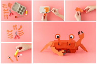 Step-by-step tutorial for making a crab craft from an egg carton and paper on a pink background. DIY children project and creative activity. Studio photography. Educational and fun craft concept clipart