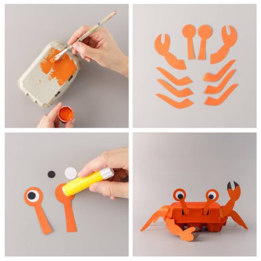 DIY crafting project, transforming the egg carton and paper cutouts into creative crab or lobster.  clipart