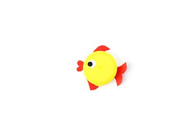 top down view, summer craft for kids, fish made of yellow plastic bottle cap and paper, step by step instruction, image of lesson, creative animal creature, activity for preschooler clipart