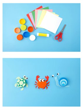 Craft supplies and projects, DIY animal crafts, bottle caps, colorful turtle, crab, snail, kids educational activity, creative projects, preschool crafts, learning through play, recycle plastic clipart