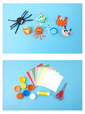 Animal craft projects with bottle caps, colorful kids crafts, creative activity, educational tools, DIY animal figures, turtle, crab, spider, bird, octopus, snail, cow, preschool crafts, recycle clipart