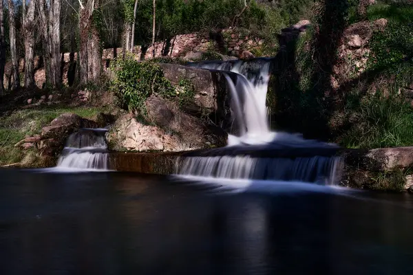 Small Waterfalls Mountain Stream Sunny Day Long Exposure Mystic Vegetation — Stockfoto