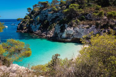 İspanya, Menorca 'daki Cala Macarella, dağdan. Turkuaz ve sakin sular, parlak mavi bulutsuz gökyüzü, çam ağaçları, uçurumlar, kayalıklar, beyaz kumlar, yelkenliler..