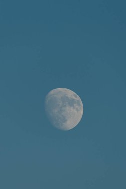 Mavi bir gökyüzünde neredeyse dolunay. Kraterlerin ayrıntıları, ıssız, boş uzay, aydınlık gökyüzü..