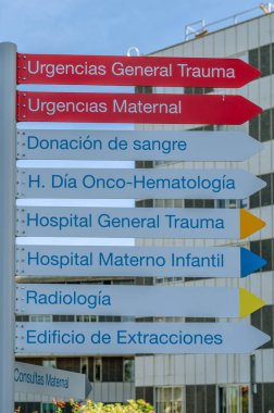 MADRID, SPAIN - 6 Ekim 2021: Madrid, İspanya 'daki La Paz Üniversite Hastanesi' nin çeşitli tıbbi servislerinin yönünü gösteren işaretler