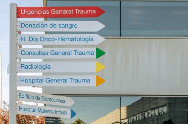 MADRID, SPAIN - 6 Ekim 2021: Madrid, İspanya 'daki La Paz Üniversite Hastanesi' nin çeşitli tıbbi servislerinin yönünü gösteren işaretler