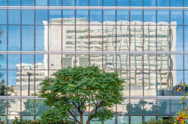 MADRID, SPAIN - 6 Ekim 2021: İspanya 'nın Madrid kentindeki Cuatro Torres İş Alanının bir parçası olan Torre İmparatoru Castellana gökdelenin cam cephesinde La Paz Üniversitesi Hastanesi binasının yansıması