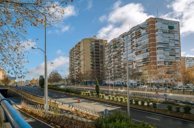 MADRID, SPAIN - DECEMBER 27, 2021: View of buildings in Barrio del Pilar, residential neighborhood in Madrid, Spain