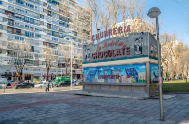 MADRID, SPAIN - DECEMBER 27, 2021: Kiosk of a churro shop (churreria) in Barrio del Pilar, a neighborhood in the north of Madrid, Spain