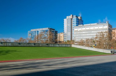 MADRID, SPAIN - DECEMBER 27, 2021: Office buildings of various companies, view in the Penagrande neighborhood in the north of Madrid, Spain