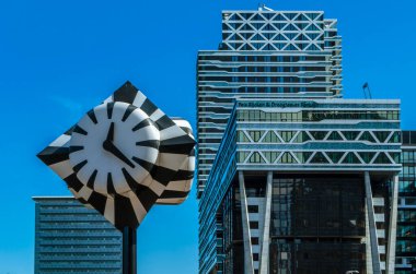 THE HAGUE, THE NETHERLANDS - AUGUST 26, 2013: The Monumental Clock, also known as the Zebra clock, is a street clock and work of public art next to Den Haag central railway station in The Hague, the Netherlands, installed in 1977 by artist Jaap Karma