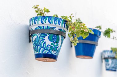 Flower pots decorating typical Andalusian houses in Mijas, Malaga province, southern Spain