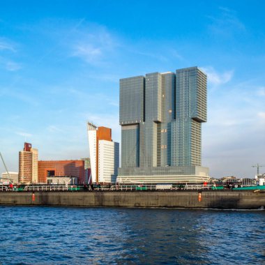 ROTTERDAM, THE NETHERLANDS - AUGUST 26, 2013: Urban landscape, view of skyscrapers standing close to the river Meuse, at Kop van Zuid neighborhood in Rotterdam, the Netherlands