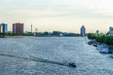 ROTTERDAM, NETHERLANDS - 26 Ağustos 2013: Şehir manzarası, Meuse nehrine yakın duran gökdelenlerin manzarası, Rotterdam, Hollanda 'daki Kop van Zuid mahallesinde