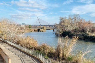 TALAVERA DE LA REINA, İSPA - 19 Aralık 2021: Tagus Nehri üzerinde, Talavera de la Reina, Castilla-La Mancha, İspanya 'da bulunan, kablo destekli bir köprü. 2007-2011 yılları arasında inşa edilen mimar Francisco Sanchez de
