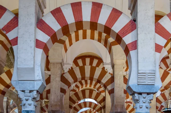 Cordoba Hiszpania Luty 2014 Kolumny Łuki Dwuwarstwowe Wnętrzu Meczetu Katedry — Zdjęcie stockowe