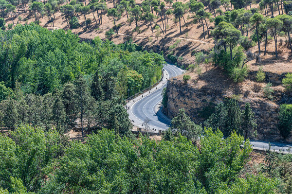 View of a winding road through the forest