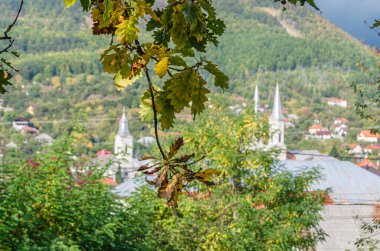 Romanya 'nın kuzeybatısındaki Maramures ilçesindeki Baia-Sprie kasabasının sonbaharında manzara