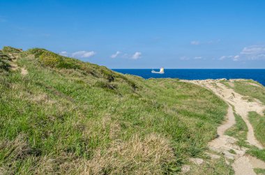 Santander 'in yeşil, kayalık kıyıları, Cantabria, Kuzey İspanya, arka planda tekneler