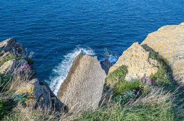 Santander 'in yeşil, kayalık kıyıları, Cantabria, Kuzey İspanya