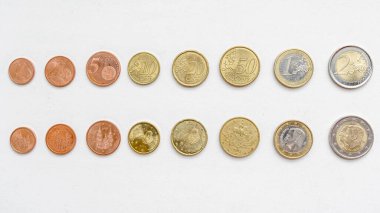 Avro sikkeleri beyaz arkaplandaki değerlerine göre artan bir düzende