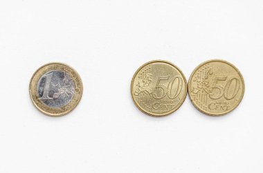 Equivalence of one euro in euro cents coins on white background clipart