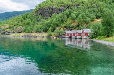 FLAM, NORway - 16 Temmuz 2014: Norveç 'in Vestland eyaleti Flam kasabasındaki Aurlandsfjord kıyısında kırsal kırmızı boyalı ahşap evler manzarası