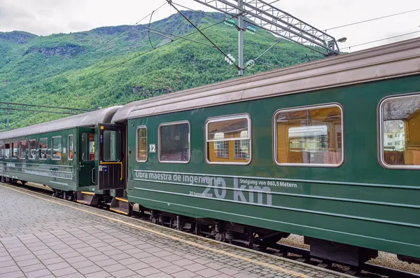 stock image FLAM, NORWAY - JULY 16, 2014: Train at Flam station, belonging to Flam Line (Flamsbana), a railway line between Myrdal and Flam in Norway, one of the most visited tourist attractions in Norway