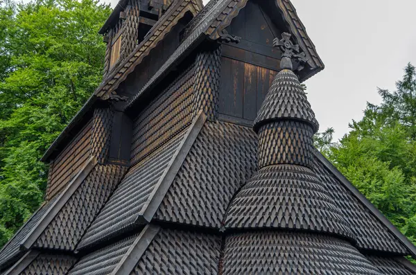 stock image View of Fantoft Stave Church (Fantoft stavkirke), a reconstruction of Fortun Stave Church, dated bact to 1170, which was moved to Bergen in 1883, destroyed by fire in 1992 and rebuilt in 1997