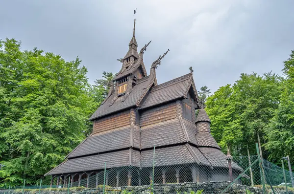 stock image View of Fantoft Stave Church (Fantoft stavkirke), a reconstruction of Fortun Stave Church, dated bact to 1170, which was moved to Bergen in 1883, destroyed by fire in 1992 and rebuilt in 1997