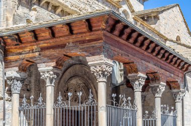 Architectural detail of the Cathedral of Saint Peter in Jaca, Huesca province, Aragon, northeastern Spain. It is one of the most characteristic and oldest Romanesque buildings in Spain, built between 1077-1130 clipart