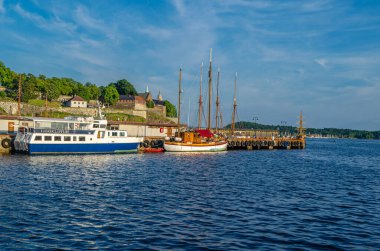 OSLO, NORway - 11 Temmuz 2014: Norveç 'in Oslofjord kıyısındaki Oslo marinasında tekneler