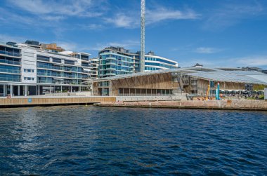 OSLO, NORway - 12 Temmuz 2014: Oslofjord 'daki bir tekneden Norveç' in Oslo kentinin görüntüsü