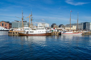 OSLO, NORway - 12 Temmuz 2014: Oslofjord 'daki bir tekneden Norveç' in Oslo kentinin görüntüsü