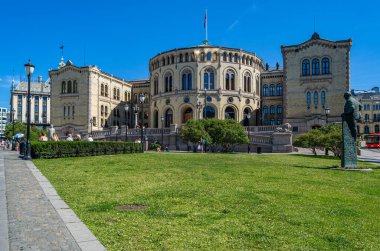 OSLO, NORWAY - JULY 12, 2014: The Storting building in Oslo, the seat of the parliament of Norway, designed by the Swedish architect Emil Victor Langlet, it was taken into use in 1866 clipart