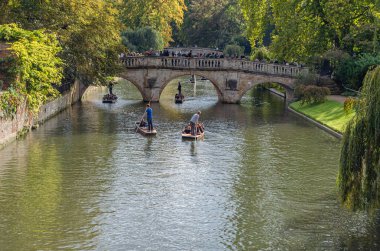 CAMBRIDGE, İngiltere - 11 Ekim 2014: Cambridge, İngiltere 'deki River Cam' de Pting. Tekne, küçük nehirlerde ve sığ sularda kullanılmak üzere tasarlanmış kare kesimli yayı olan düz tabanlı bir teknedir. Bahisçi vuruşu nehir yatağına doğru itiyor.