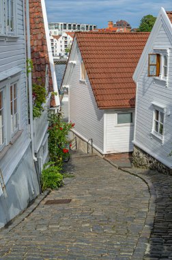 Norveç 'in Stavanger kentindeki resimli ahşap evler