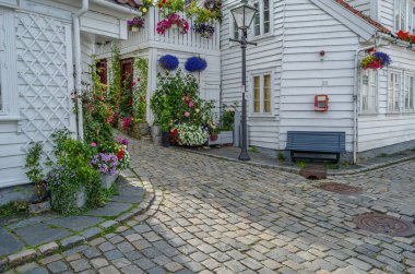 Norveç 'in Stavanger kentindeki resimli ahşap evler