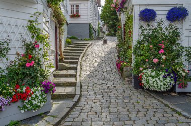 Norveç 'in Stavanger kentindeki resimli ahşap evler
