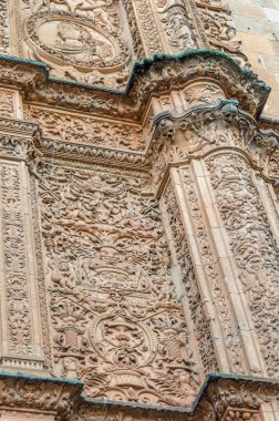 SALAMANCA, İspanya - 30 Kasım 2014: Salamanca Üniversitesi 'nin plateresk cephesini kapatın. 1218 yılında Kral Alfonso tarafından kurulmuş olup, İspanyol dünyasının en eski üniversitesidir ve dünyanın en eski üçüncü üniversitesidir.
