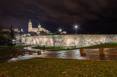 Roma Köprüsü 'nden Salamanca Katedrali' nin gece manzarası (Puente Belediye Başkanı del Tormes))