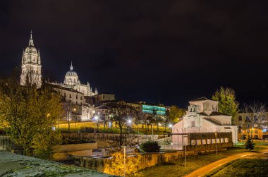 Roma Köprüsü 'nden Salamanca Katedrali' nin gece manzarası (Puente Belediye Başkanı del Tormes))