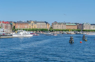 STOCKHOLM, SWEDEN - 26 Temmuz 2014: Stockholm, İsveç 'teki şehir manzarası, liman manzarası