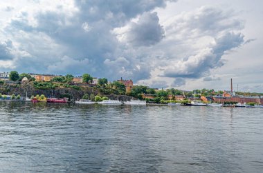 Stockholm, İsveç 'teki şehir manzarası, rıhtım manzarası.