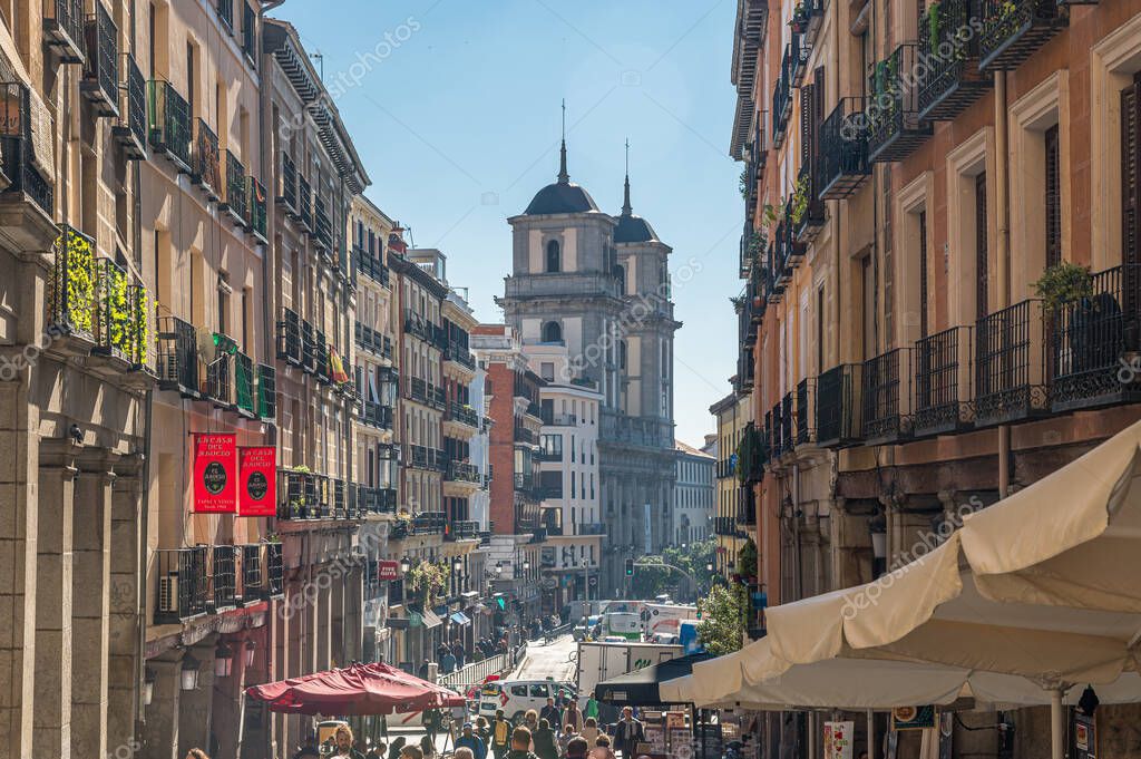 MADRID, SPAIN - NOVEMBER 10, 2022: Urban scene, view of streets and buildings around Plaza Mayor, in the old town of Madrid, Spain