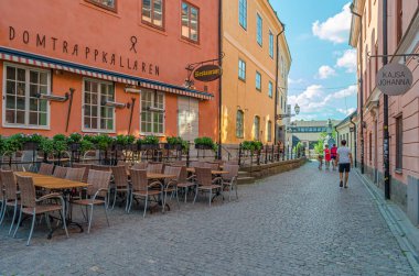 UPPSALA, SwEDEN - 26 Temmuz 2014: Eski Uppsala, İsveç 'te bir restoranın cephesi