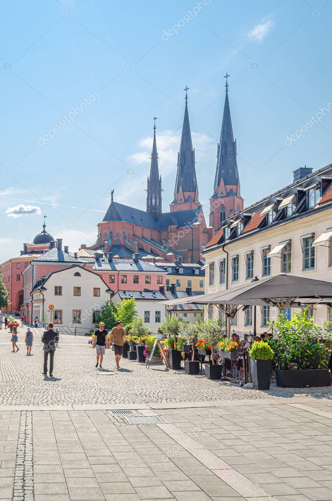 UPPSALA, SWEDEN - JULY 26, 2014: View of a shopping street in the old town of Uppsala, Sweden