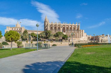 Palma Katedrali ve Palma, Mallorca, Balearic Adaları 'ndaki La Almudaina Kraliyet Sarayı manzarası, İspanya