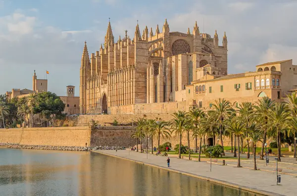 PALMA, İspanya - 11 Ocak 2015: Palma Katedrali (La Seu olarak da bilinir), Palma Körfezi, Mallorca, Balearic Adaları kıyısına inşa edilen Gotik Katolik katedrali